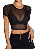 Avidlove Mesh Crop Tee Short Sleeve See Thru Shirts Sexy Sheer Tops for Women Y2K Outfits Black S