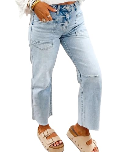 Women's Casual Patchwork Straight Leg Jeans High Waisted Silm Fit