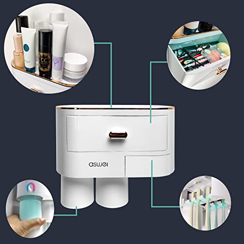 Wall-Mounted Toothbrush Holder, Wekity Multi-Functional Toothbrush Holder With 2 Cups And Cosmetic Drawers Organizer For Bathroom, Space Saving (Rose Gold) #TOP2