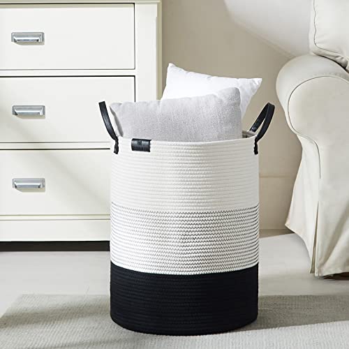 Image of TECHMILLY Tall Laundry Basket, Large Woven Cotton Rope Dirty Clothes Hamper with Handle for Nursery, Bathroom, Bedroom - 58L Black & White