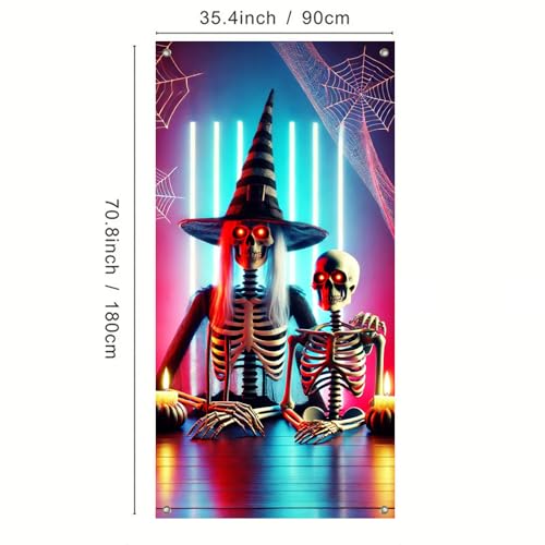 Image of BlissYard Halloween Door Cover Skeleton Witch Hat 35x71 Inch Polyester | Door Banner, Wall Decor | Skeleton Entry Accent, Witch Hat Backdrop | Porch, Hallway, Party (Spooky Art)