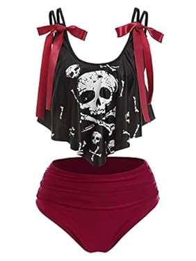 AMAZON - DRESSFO Women’s Bikini Swimwear High Waisted Tummy Control Tankini Swimwear Gothic Swimsuit Skull Flower Print Crisscross Summer Beach Bathing Suit(Black_1/1X)