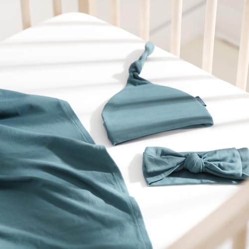 Image of GRSSDER Newborn Swaddle Blanket, Ultra Soft Jersey Receiving Blanket with Matching Headband and Beanie Set, 47x47 inch Extra Large Nursery Swaddle Wrap for Girls and Boys