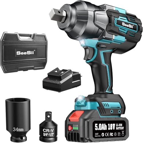 Image of Seesii Cordless Impact Wrench, 1180Ft-lbs(1600N.m) High Torque Impact Gun 3 /4 inch, Brushless Impact Wrench w / 5.0Ah Battery Fast Charger, Electric Impact Wrench for Truck