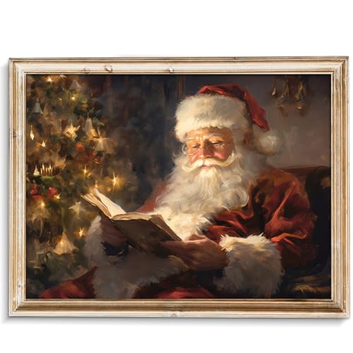 uniro Vintage Christmas Wall Art Santa Reading Book Christmas Oil Painting Printable Art Cottagecore Academia Art Christmas Decor Winter Farmhouse Holiday Wall Decor for Bedroom, Living Room, Gallery, winter Room Decor, Holiday Decoration Gifts( 8" x 10"-UNFRAMED)