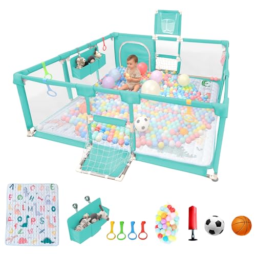 Image of Playpen for Babies and Toddlers,73"x71"Baby Playpen with Mat Indoor&Outdoor with Breathable Play Pen with Ocean Balls Hanging Pocket Basketball Hoop and Football Goal (Green with Mat, 73"x71")