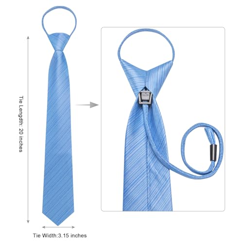 Image of Hi-Tie Sky Blue Zipper Ties for Men Striped Adjustable Pre-Tied Necktie Lapel Pin Pocket Square Cufflinks Set