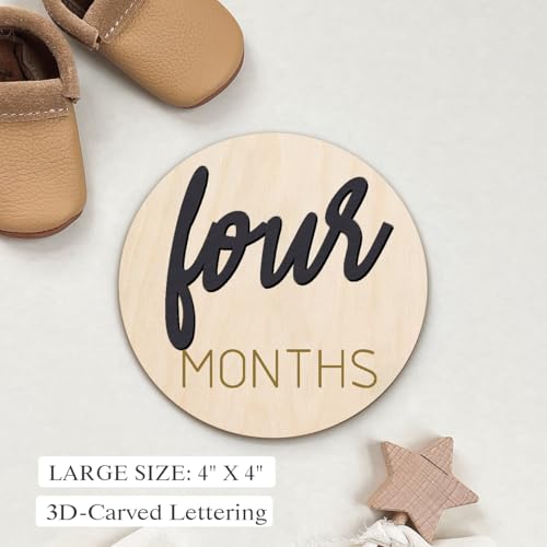 Image of Baby Monthly Milestone Markers Disc, Wooden 3D Milestone Cards for Photos, Baby Announcement Sign, 1-12 Months, Wooden Baby Milestone Sign (Black)
