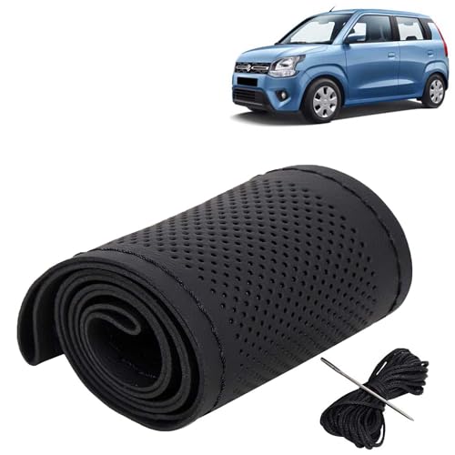 Image of KINGSWAY PU Leatherite Car Steering Cover Sewable Compatible with Maruti Suzuki Wagon R (Year 2019 Onwards), Black Color with Black Thread, Pack of 1 with Sewing Needle and Thread