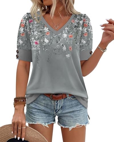 Womens Blouses Dressy Casual Short Sleeve Shirts Spring Business Work Floral Summer Tops Plus Size Fashion Clothing V Neck Tshirts Grey L - 1