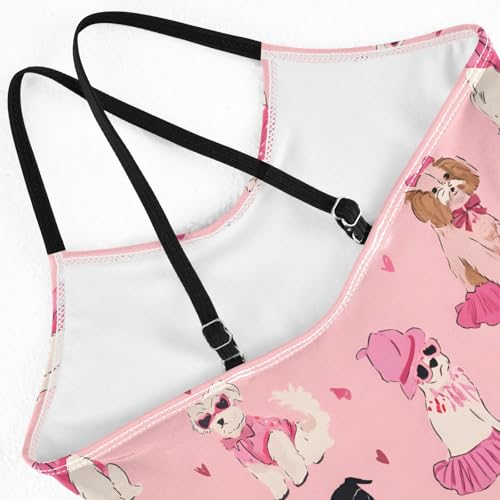 Pink Puppy Pattern Girls Swimsuit One Piece Bathing Suit Beach Swimwear with Adjustable Straps 3-10Years4