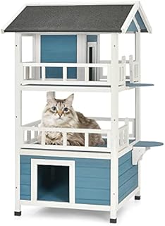 Maxmass Wooden Cat House, Kitten Playhouse Shelter with 2 Jumping Steps, Asphalt Roof and Escape Doors, Weatherproof Cat Cave for Indoor/Outdoor (60cm x 60cm x 126cm)