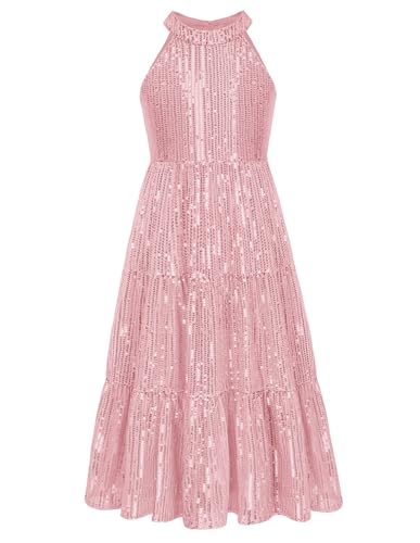 GRACE KARIN Mädchen Ärmellos Pailletten Prinzessin Kleid Festliche Hochzeit Neckholder Kleid Hell Rosa 12 Jahre