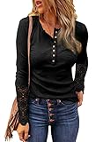 BTFBM Women Long Sleeve V Neck Button Up Solid Tops Blouses Trendy Slim Fit Lace Sleeves Ribbed Knit Casual Shirts Tunic (Lace Black, Small)