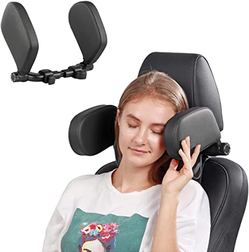 OBEST Repose Tete Voiture, Oreiller 180° Rotation de Voiture, avec Barre Glissement Réglable Appui-Tête Voiture Oreillers de Protection Cou, pour Adultes Enfants Dormir en Voiture Voyage(Noir Cuir) Cover