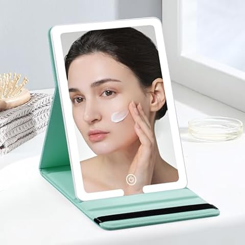 Travel Makeup Mirror with Light, PU Leather Vanity Mirror with Light 3 Color Modes, 8x5.5inch Travel Makeup Mirror Rechargeable 1500mAh Lighted Makeup Mirror Portable Desktop Cosmetic Mirror for Women Cover