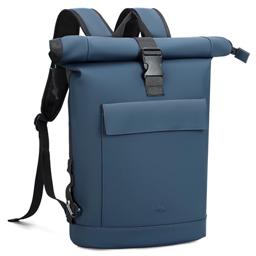 Lekespring Rolltop Rucksack Damen & Herren, Wasserdichter Laptop Rucksack mit 17 Zoll Fach, Stylischer Tagesrucksack für Uni, Arbeit, Reisen und Freizeit, Erweiterbar & Vielseitig (Blau, L)