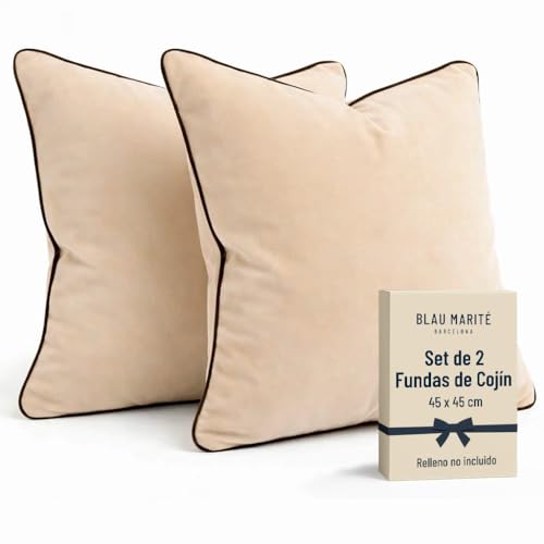 Blau Marité Set de 2 Fundas Cojín Terciopelo 45x45 cm – Cojines Decorativos sofá Cama salón. Funda cojín con Ribete. Relleno no Incluido. (Beige y Marrón)