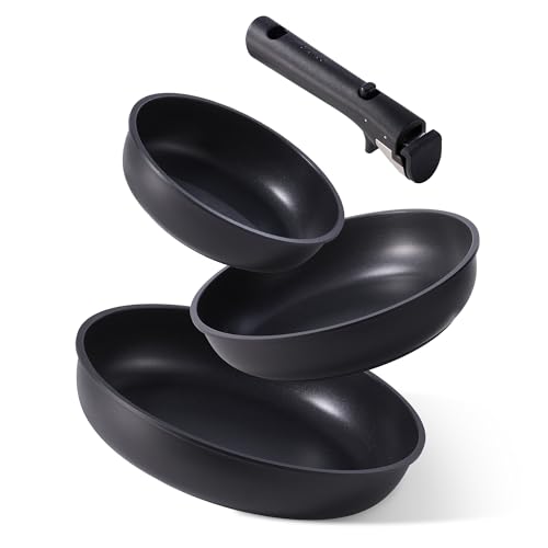 Image of CAROTE 4pcs Non Stick Frying Pans, 8"+10"+12” Frying Pan Egg Pan Omelet Pans with Detachable Handle, Nonstick Cookware, PFOA Free, Induction Compatible & Oven Safe, Dishwasher Safe, Black