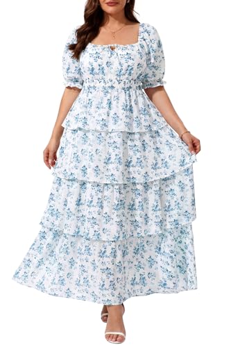 Pinup Fashion Plus Size Summer Maxi Dress Milkmaid Blue and White Floral Casual Square Neck Puff Sleeve Ruffle Tiered Long Sundress