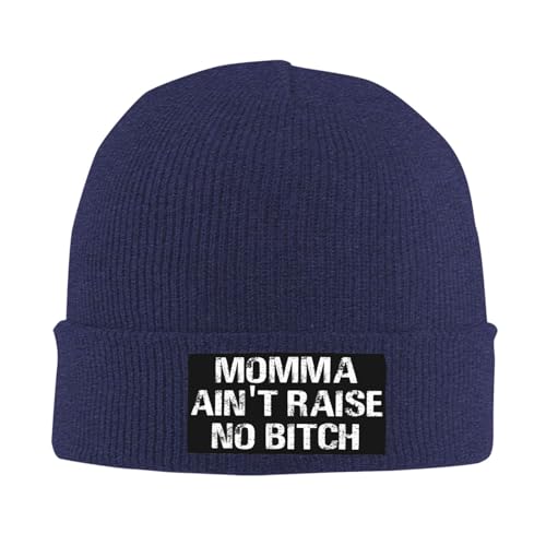 Momma Ain't Raise No Bitch Knit Hats Beanie Hat for Men Women Fashion Warm Winter Ski Cap Navy Blue