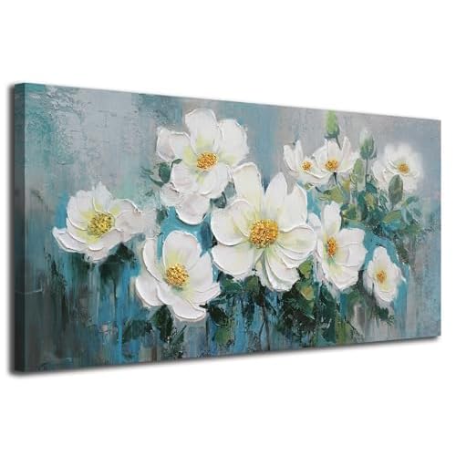 Ardemy White Floral Canvas Wall Art Large Teal Textured Pictures Wall Decor Turquoise Paintings Artwork for Living Room Bedroom Home Office, 40"x20" 40"L x 20"W White Flower Painting