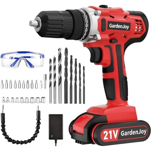 GardenJoy 21V Cordless Power Drill – Electric Drill Set with Battery and Fast Charger, 30pcs Drill/Driver Bits, 2 Variable Speed, 3/8″ Keyless Chuck, 24+1 Position, Portable Drill Kit for DIY & Home
