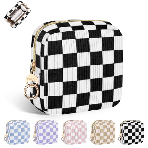 Playexen Corduroy Small Makeup Bag, Checkered Mini Cosmetics Bag for Purse with Ring Buckle & Inner Pockets, Small Travel Makeup Pouch for Women, Birthday/Wedding/Christmas Gifts (Checkered-Black)
