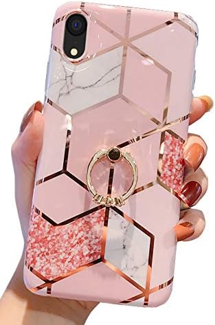 Qokey Case Compatible with iPhone XR Case 6.1 inch Marble Case Cute Fashion for Women Girls with 360 Degree Rotating Ring Kickstand Soft TPU Shockproof Cover Rhombic Marble