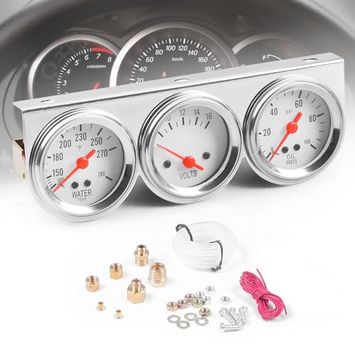 2'' 52mm 3in1 Triple Gauge Set Gauges Kit Universal Chrome 8V-16V Volt Gauge,100-280? Water Temp Temperature Gauge, 0-100 PSI Oil Pressure Gauge Meter