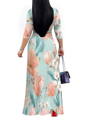 Image of SUZONANA Plus Size Dresses for Women Floral Print Maxi Dress Flowy 3 /4 Sleeve with Belt