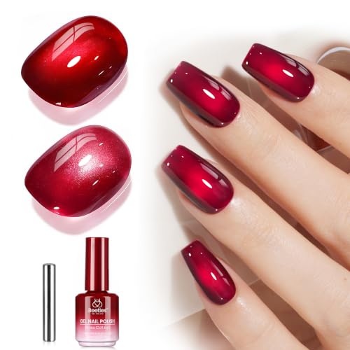 Image of Beetles Red Cat Eye Gel Nail Polish - Wine-Stained Cherry 15ML Magnetic Gel Polish 2 Cat Eye Effects White Glow & Ruby Glow Soak Off UV Glass Cat Eye Gel for Nail Art Salon DIY at Home