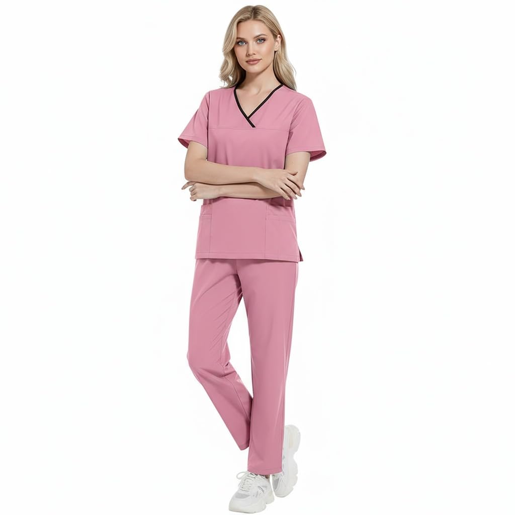 Uniformes Médicos para Mujer Traje Separado Cuello en V Top y Pantalones Jogging con Cuatro Bolsillos Color Puro Secado Rápido Uniformes Médicos DK51