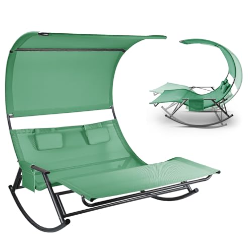 Aopunly Chaise longue d’extérieur, chaise à bascule pour 2 personnes jusqu’à 250 kg, chaise longue avec pare-soleil et sac, tissu respirant, vert pour...