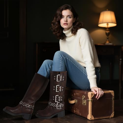 Image of AMINUGAL Knee High Boots Women Square Toe Pull On Wide Calf Riding Fashion Buckles Chunky Metallic Casual Vintage Buckle Rivet