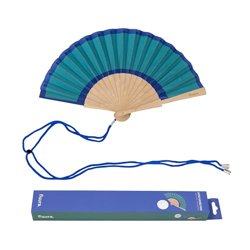 Fisura – Abanico original verde y azul. Abanico de madera moderno y colorido. Ventilador de mano mini rosa. Colgador incluido. Medidas: 34,5 cm x 23 cm