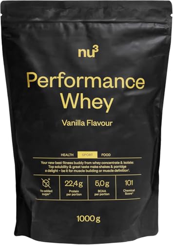 nu3 Performance Whey Protein Vanille 1kg M – Eiweißpulver für Muskelaufbau, cremig, ohne Klümpchen, gelatinefrei, ohne Zuckerzusatz, kalorienfrei, löslich in Wasser & Milch, ideal für Sportler 1000 g