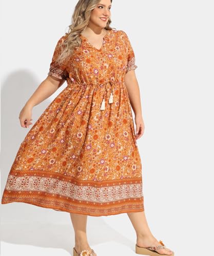 RITERA Plus Size Midi Dress for Women 2025 Casual V NeckShort Sleeve Ruffle Flowy Boho Drawstring Tassel Waist XL-5XL3