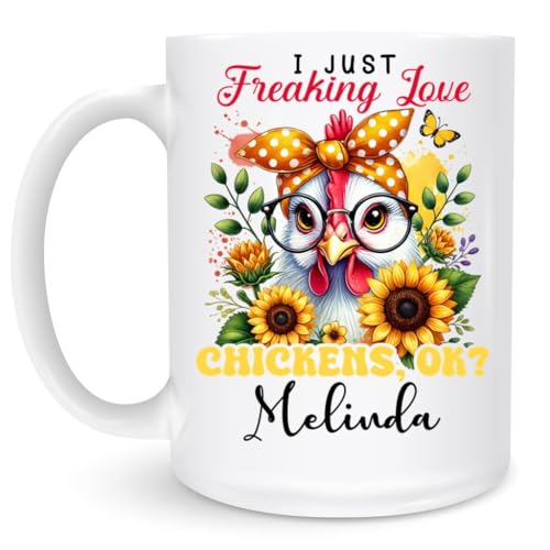 Personalized Name I Just Freaking Love Chickens Mug For Farm Animal Lovers Women Men, Custom Chicken Coffee Cup With Sunflower Art 11oz 15oz, Funny Hen Glasses Bandana Country Style -  Velliro, Mugsell-25-FD1104DD3462-2