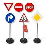 alldoro 60231 Verkehrszeichen für Kinder, 6-teiliges Set mit 3 befüllbaren Standfüßen & 12 Clips, 75 cm hoch, für drinnen & draußen, ab 3 Jahre, Weiß
