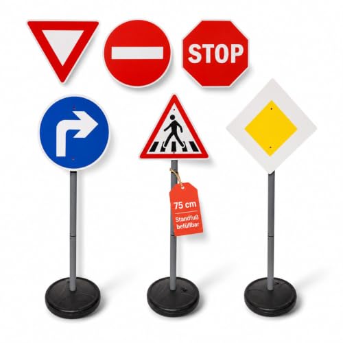 alldoro 60231 Verkehrszeichen für Kinder 6-teiliges Set mit 3 befüllbaren Standfüßen & 12 Clips 75 cm hoch für drinnen & draußen ab 3 Jahre Weiß