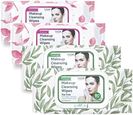 TADA Beauty Facial Wipes Makeup Remover | Tea Tree & Rose Wet Cleansing Wipes (Rose + Tea Tree, 4-pack (320ct))