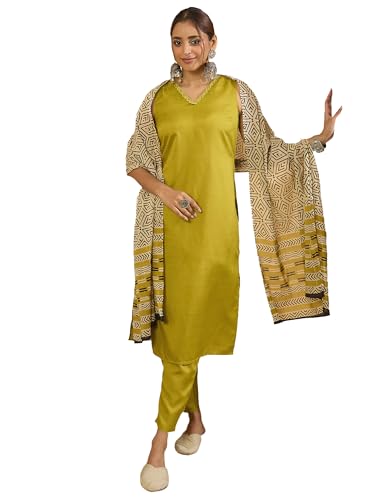Image of INDO ERA Women's Straight Cotton Blend Solid Solid Kurta & Pant with Dupatta Set (IESTR10631)