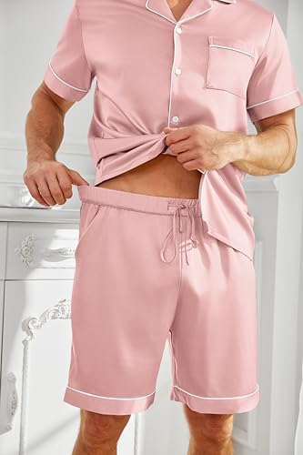 Vssjavun Mens Satin Silk Pajamas Sets Short Sleeve Button-Down Sleepwear Two Piece Loungewear with Pockets