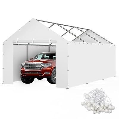 Carport Replacement Canopy Cover Sidewalls for 10x20FT Frame, Heavy Duty Garage Car Tent Shelter Tarp with Ball Bungees, Waterproof & UV Protected (White, Frame is not Included)