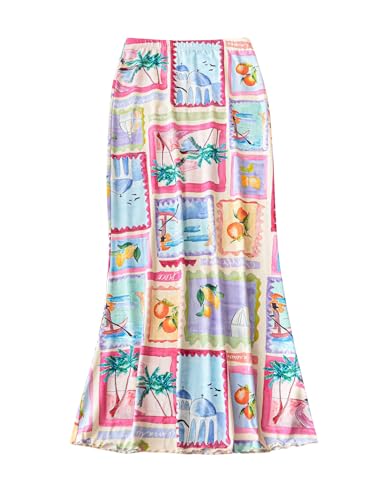MakeMeChic Women's Tropical Print Maxi Skirt Elastic Waist Bodycon Boho Long Skirts Multicolor Medium