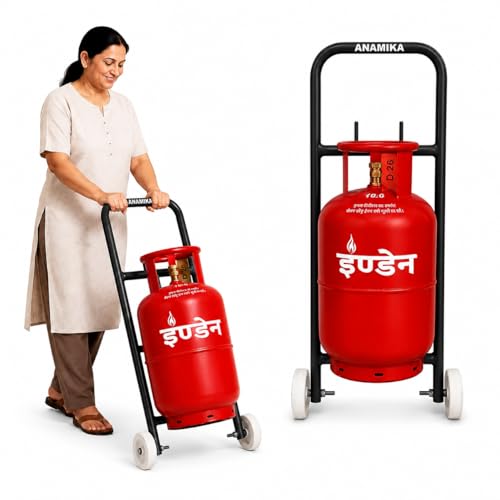 Image of ANAMIKA Heavy Duty LPG Gas Trolley with Wheels & Dual Hooks | Easy Grip Handle for Effortless Gas Movement | Strong Metal Stand for Home Kitchen | Durable Gas Carrier Trolley (Black)