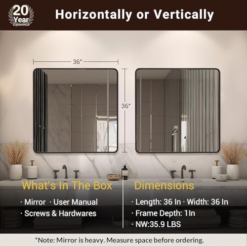 Image of ANDY STAR 36X36 Inch Square Black Bathroom Mirror, Matte Black Vanity Mirrors for Wall, Rounded Square Mirror for Bathroom, Seamless Tube Metal Frame, 1'' Deep Wall Mounted Vertical /Horizontal