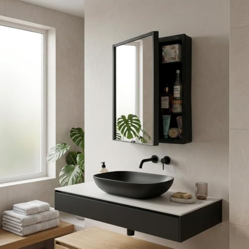 Image of CIPLA PLAST Plastic New Rich Look Bathroom Organizer Cabinet | Mirror with Shelf | 4 Shelves Storage Organizer | Wall Mounted Cabinet | for Home /Kitchen /Toilet (Brc-931) (Black)