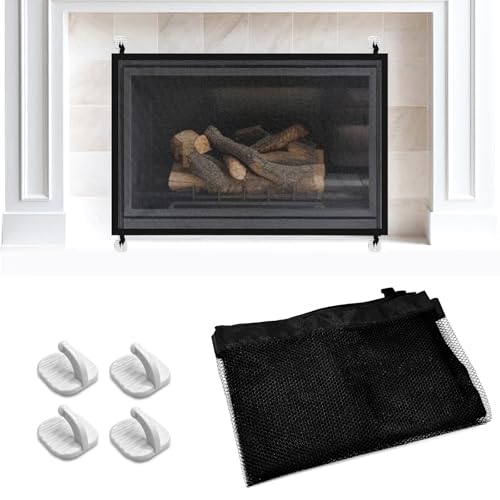 Fireplace Baby Proofing Screen with Strong Adhesive Hooks - No Drill Mesh Safety Gate for Brick Fireplace, Pet and Toddler Barrier, 43x28 Inch